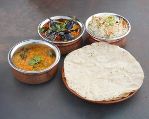 Mini Bagara Baingan + Mini Bagara Rice + Dal + Phulka